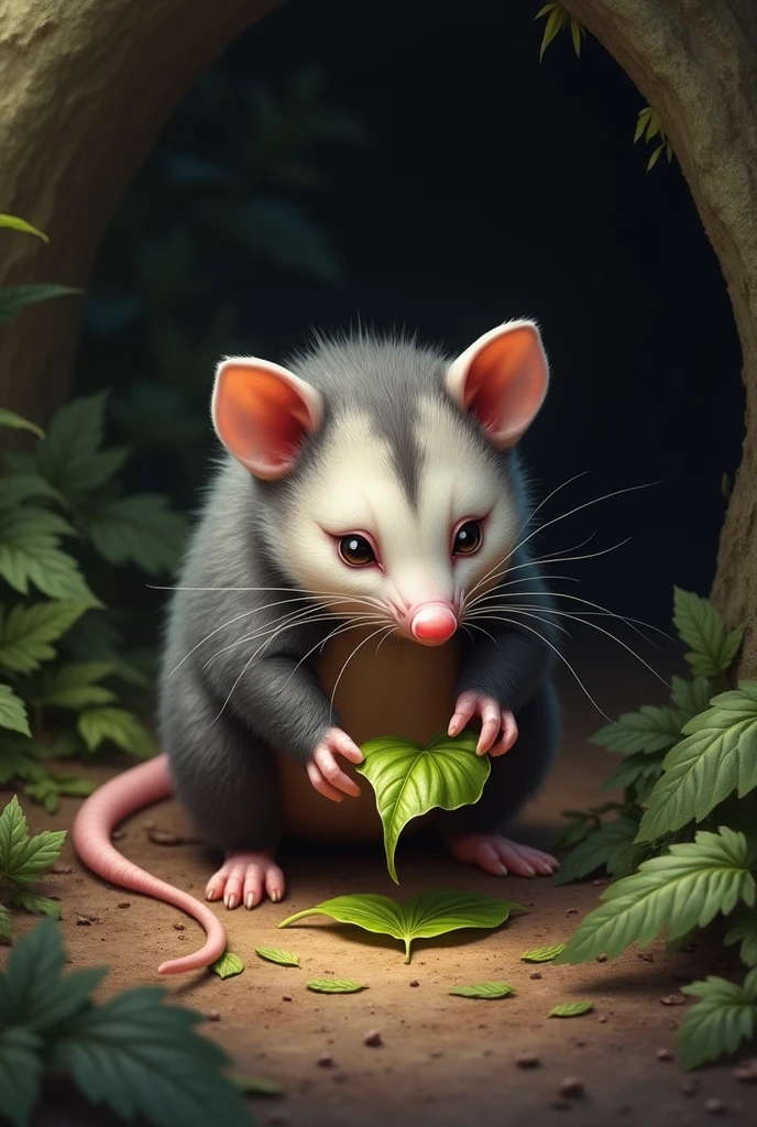 Opossum pulling a leaf from under the ground 