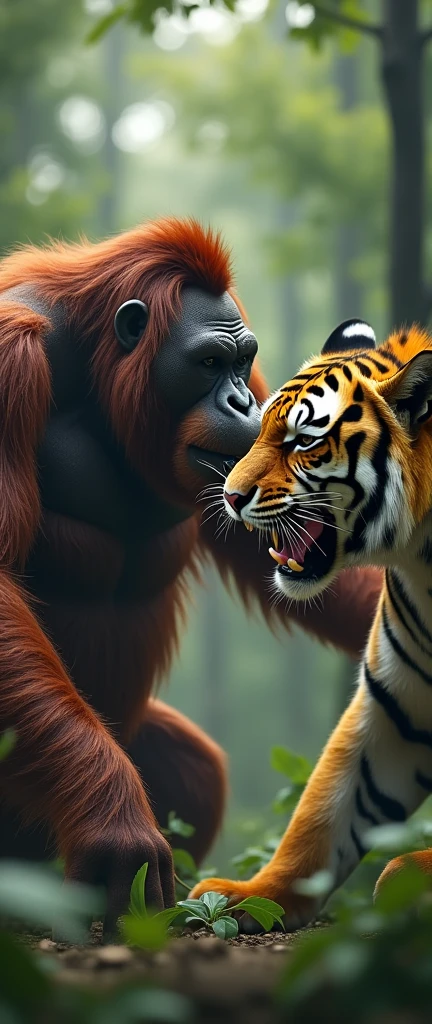 create a realistic image of a large forest, it will have a 3 meter tall orangutan fighting a tiger, Both must have an angry expression as they attack each other.