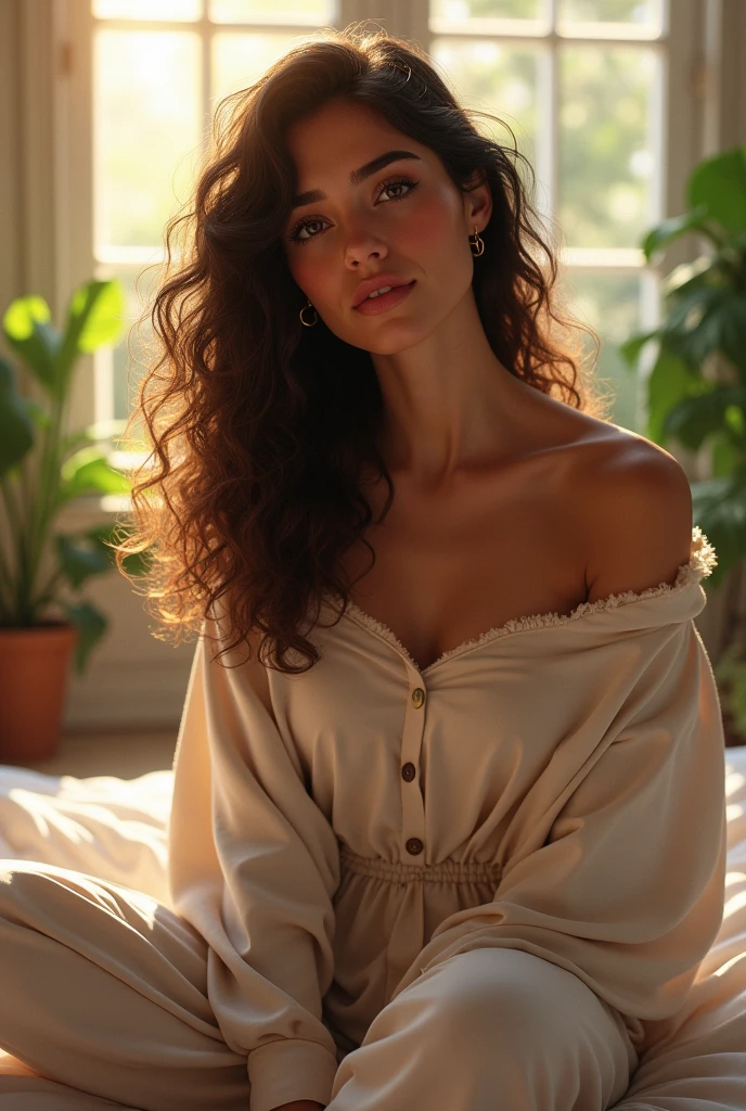 (photorealism:1.2), beautiful woman, sitting on bed, wearing loose off-shoulder top, pajama pants, long curly hair, indoors, soft lighting, plants in background, window with sunlight, cozy room, relaxed pose, realistic, intricate details, warm colors, by Greg Rutkowski, by Alphonse Mucha