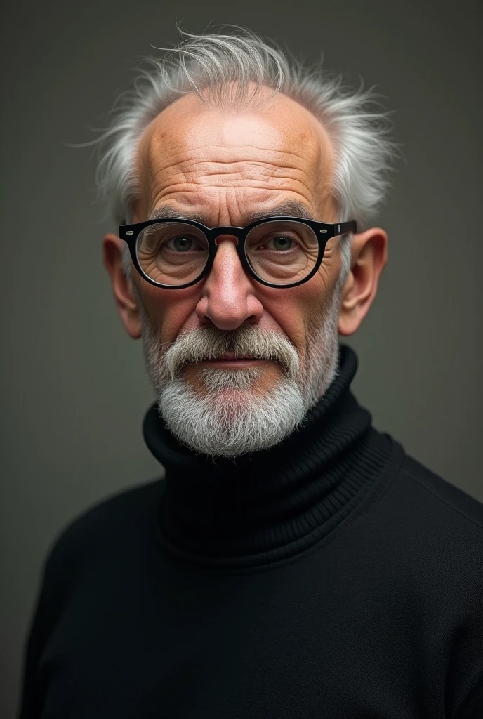 Caucasian man, white beards, calvo, bald aquiline nose,thin face round glasses dark lenses , black jersey  