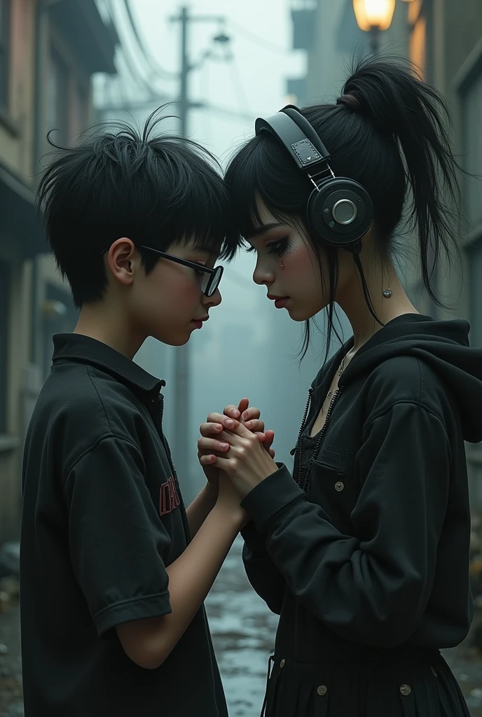 Emo Girl teen with little Boy with glasses and Headphones Holding hands.
