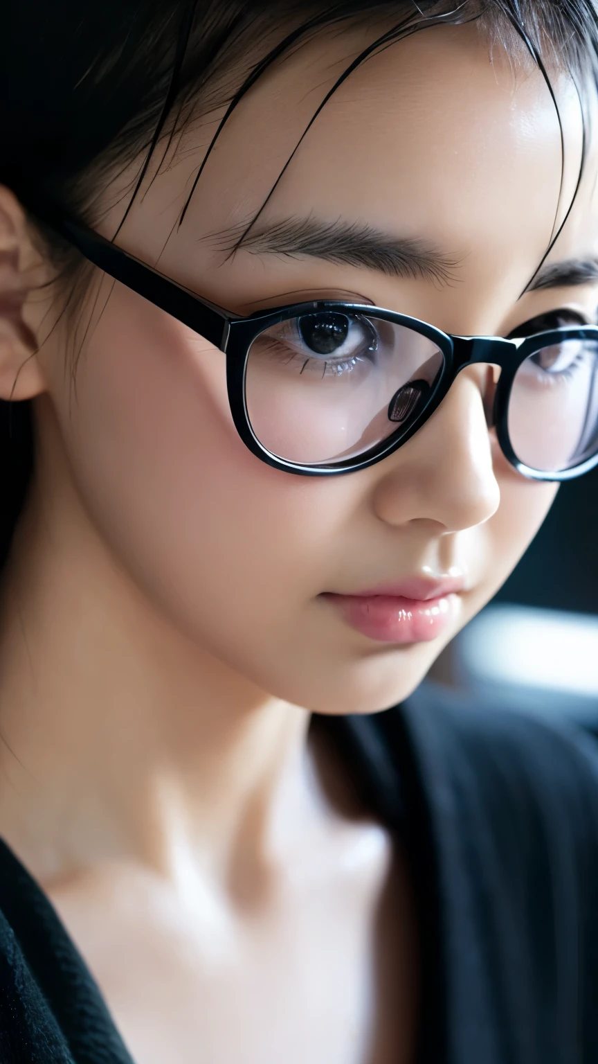 8k、cute、Adult Girls、detailed、black eye、Black Hair、sexy、Random Pause、Random Hairstyles、reflected light, Chiaroscuro, Written boundary depth, Cinema Lighting, Ray Tracing, Sony FE GM, Ultra-high resolution, 超detailed, masterpiece, Textured skin, Attention to detail, Highest quality,D cup breasts、Too big、Saggy breasts、whole body、Wearing black-rimmed glasses