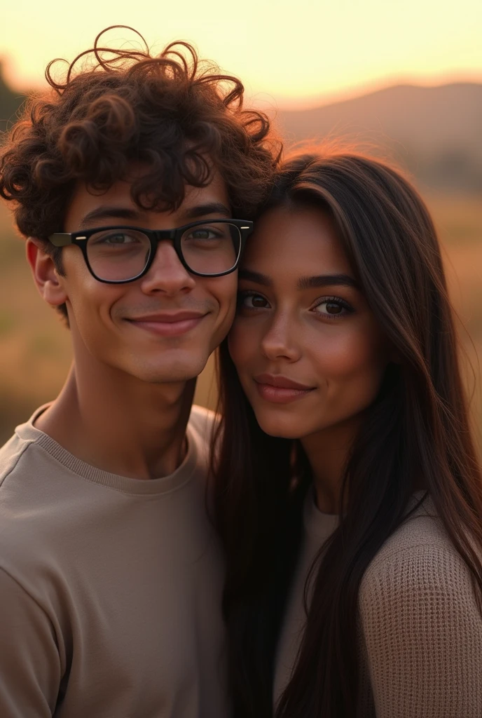 a couple, the boy with glasses and curly hair and the girl with long straight hair and a girl in the distance with dark skin color and long straight hair
