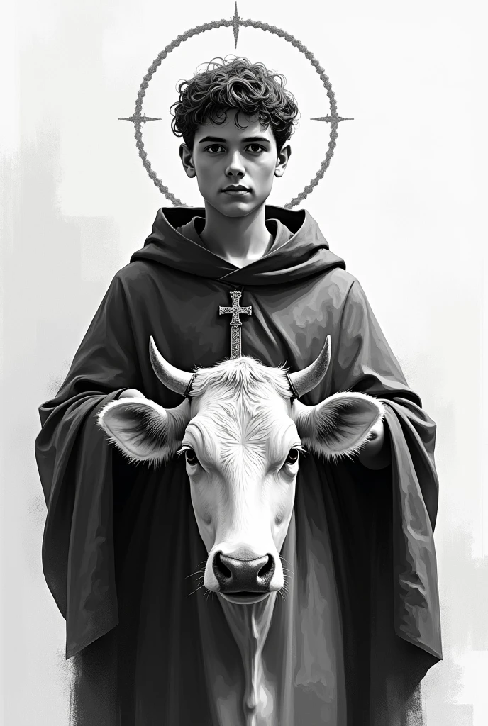 Create an image with shaded Saint Carlo Acutis , with a cow in the middle, drawning, in black and white, 
