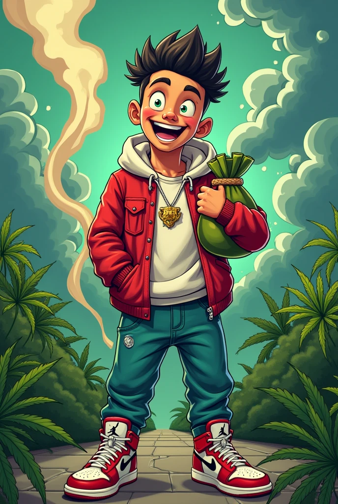 Ghetto green eyed laughing white boy with a fade wearing jordans holding a money bag marijuana leaves and smoke background cartoon