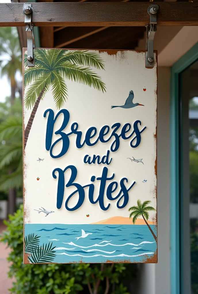 Signs for a restaurant called breezes and bites 
