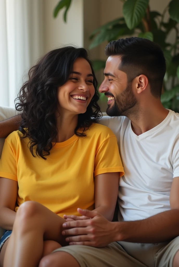 A Brazilian woman, 30 years old white, Bblack hair, sitting on the couch, wearing a yellow t-shirt and shots, with her husband wearing a white shirt, nearby faces, showing cheerful personality. 真实感