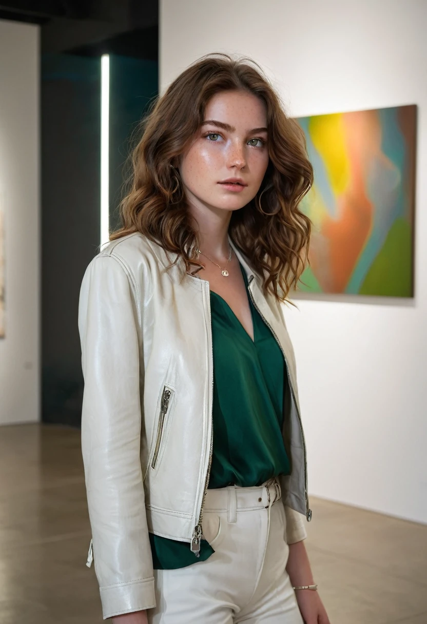 stunning 24-year-old woman with wavy chestnut brown hair and deep green eyes is walking through a modern art gallery. She wears a stylish yet understated outfit: a white blouse tucked into high-waisted trousers, and her light leather jacket draped over her shoulders. Her fair complexion and light freckles are softly lit by the gallery lights. She gazes thoughtfully at a painting, her silver necklace with a small pendant glinting subtly."