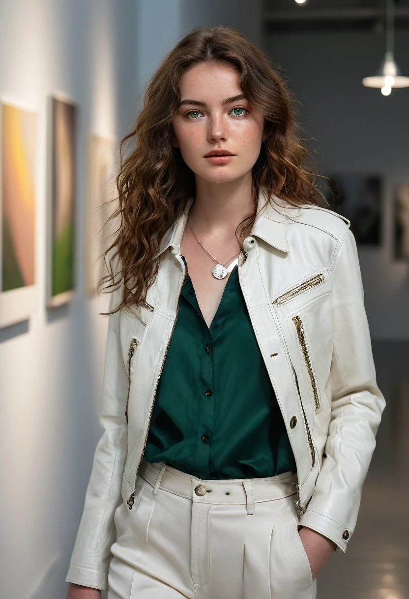 stunning 24-year-old woman with wavy chestnut brown hair and deep green eyes is walking through a modern art gallery. She wears a stylish yet understated outfit: a white blouse tucked into high-waisted trousers, and her light leather jacket draped over her shoulders. Her fair complexion and light freckles are softly lit by the gallery lights. She gazes thoughtfully at a painting, her silver necklace with a small pendant glinting subtly."