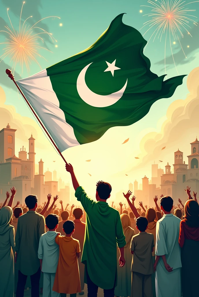 Create a poster 14 august of Pakistani people with Pakistani flag