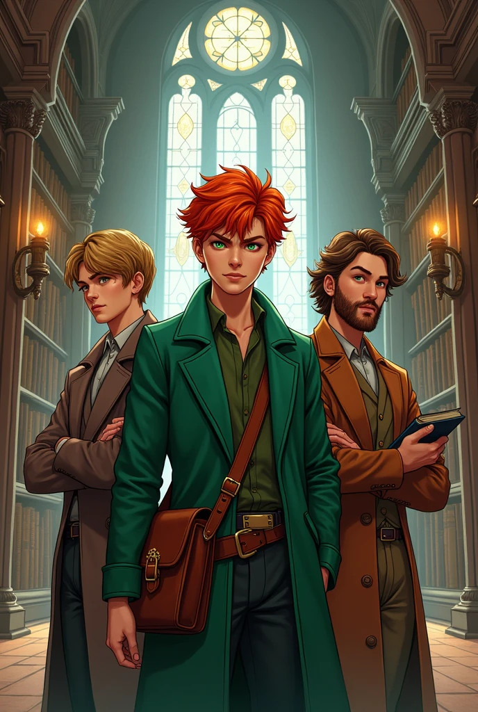 Make an illustrative image of Kvothe at the university, with his friends Willem and Simon, from the fictional fantasy series called "o Matador de Reis".