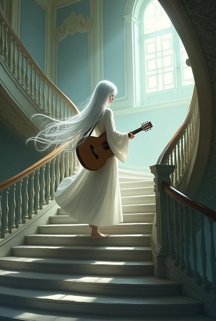 White haired woman climbing stairs with guitar