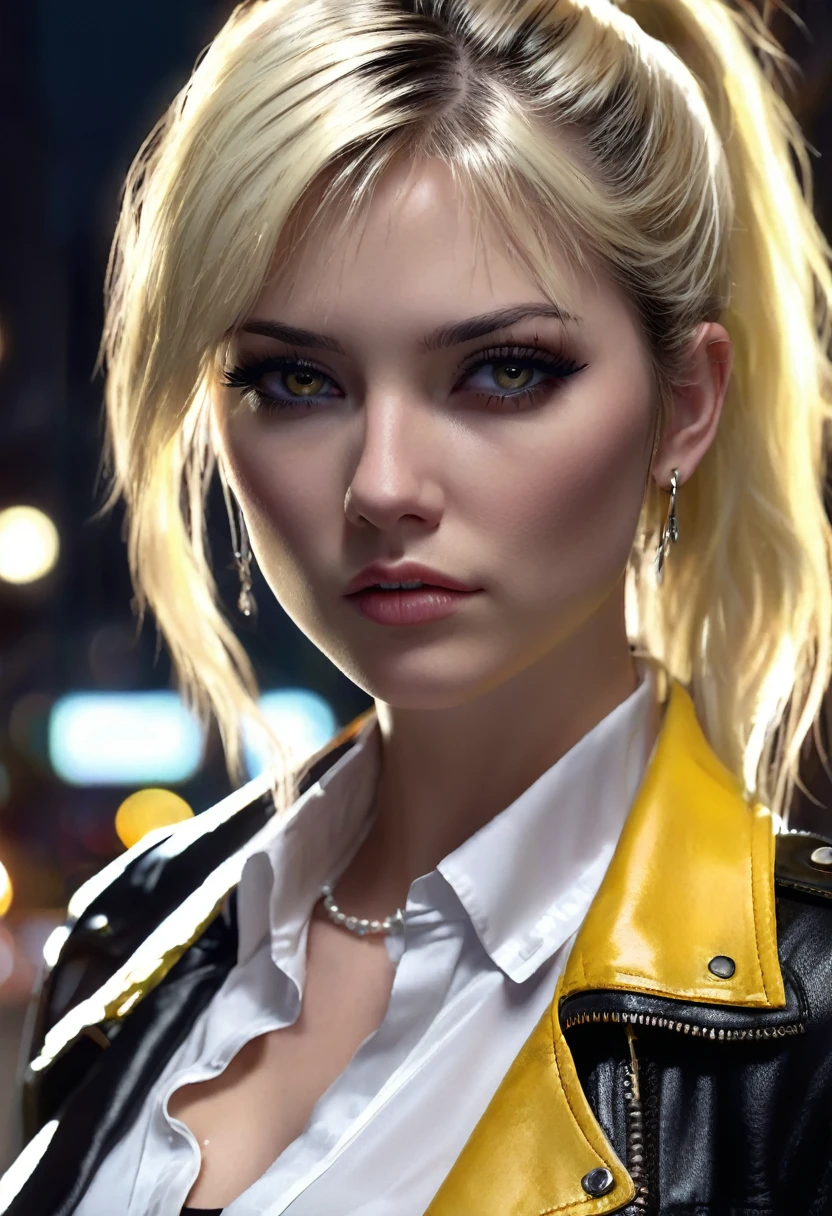 1 woman, inside a city at night, wearing a white blouse and a black leather jacket over it, feminine yellow brown eyes, pale detailed skin, heavy makeup, ear piercings, white blonde hair with colored highlights in a ponytail, dramatic lighting, cinematic composition, dark palette, dark colors, atmospheric haze, thin chin, soft face, serious face, beautiful woman, adult woman, ultra realistic, adult woman (best quality, 4K, 8K, high resolution, art: 1.2), ultra detailed (realistic, photorealistic, photorealistic: 1.37)