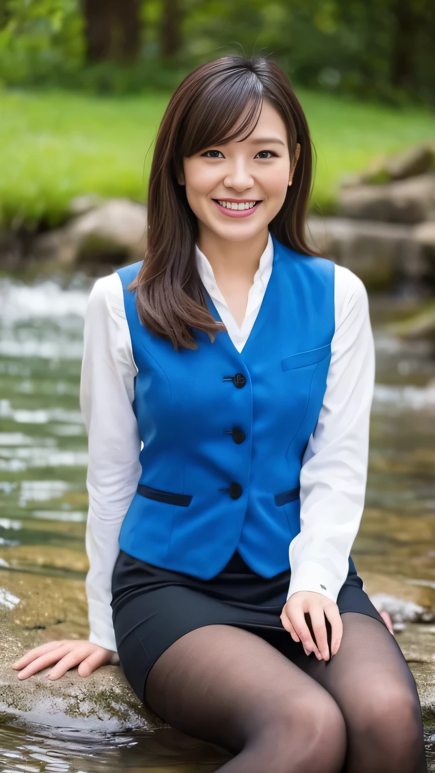 Highest quality、8k、masterpiece、Ultra-high resolution、Clear photos、Professional Lighting、Natural light、Realistic,、Highly detailed skin、Perfect Anatomy、One Woman、Age 25、Baby Face:1.8、Large Breasts、Glamour、Brown Hair、Beautiful Hair、smile、((office lady))、((Black vest:1.2))、Blue ribbon around the neck、((Black tight mini skirt:1.2))、((Perfect Pantyhose:1.2))、((Black Pantyhose))、blue sky、in the forest、In the mountain stream、(((sitting in water)))、Attractive pose