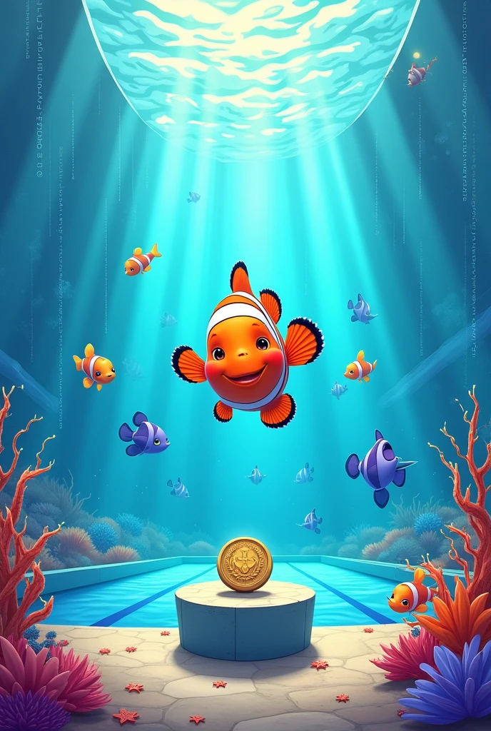 Top view of a clownfish swimming in an Olympic-sized swimming pool, where we can see the divisions of the rays and other competing fish, The image also has the podium because they are competing for the gold medal at the Olympics.. Everything is very cute and , Bobbie goods coloring book style
