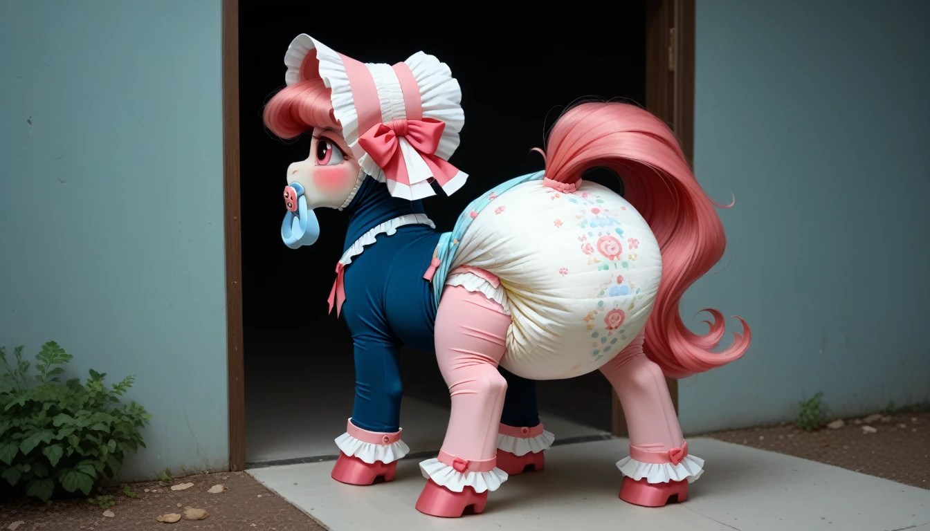 pony, бежевая земная pony, no horn, no wings, adult mare, stands on four hooves, rear hooves spread wide apart, dressed in bodysuit, bonnet and booties, pacifier in mouth, solo, thick diaper under clothes, bulge on the back of the diaper, between the hind hooves and on the front of the diaper, saggy diaper, pink blush on cheeks, Embarrassment, Awkwardness.