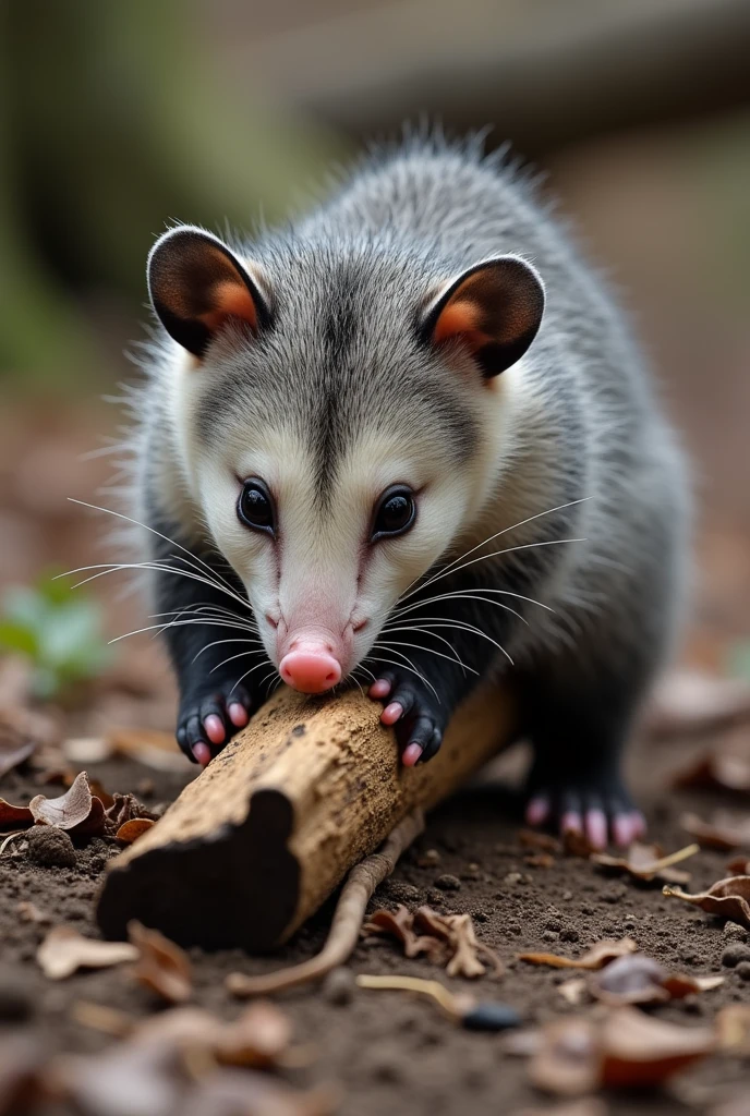 Opossum pulling wood from under the ground photo