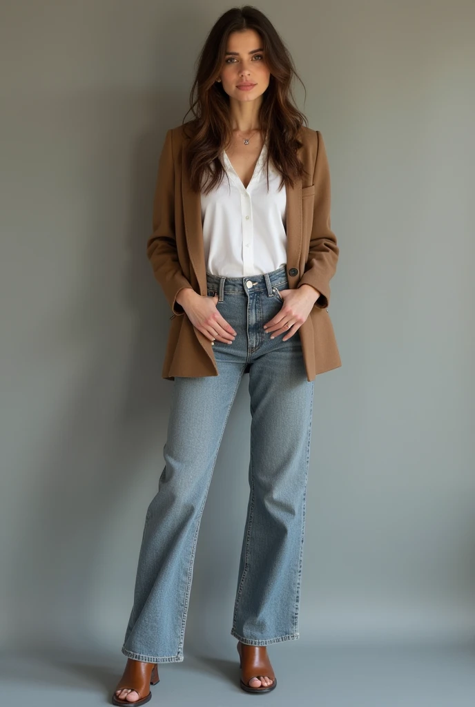 Beautiful tall woman, grey clasic jeans