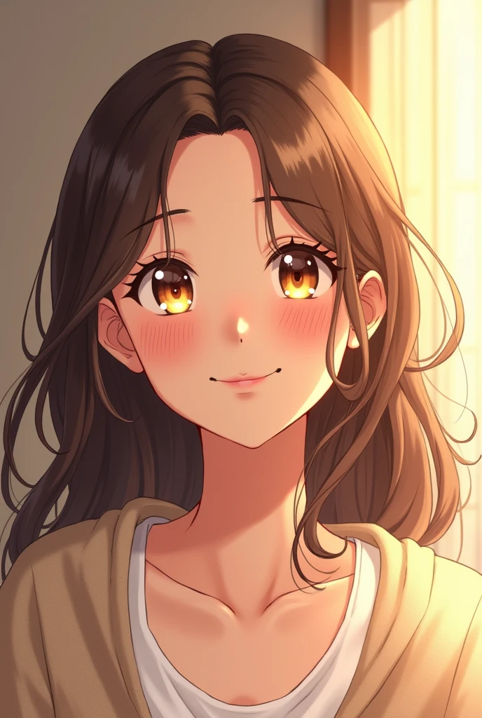 Woman approximately 28 years old. Light skin. Light honey-colored eyes. Brown hair. Comfortable clothing. Smiling warmly. Anime Screencap
