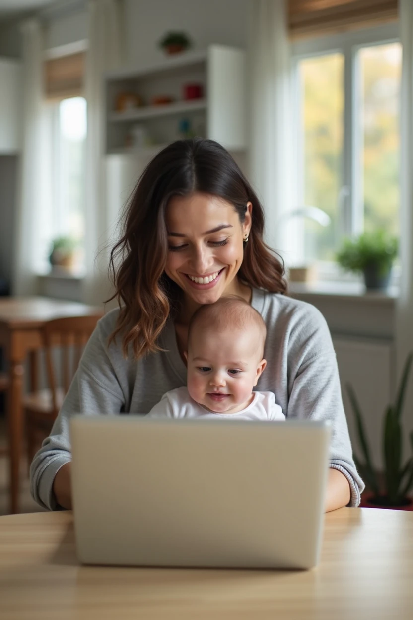 super realistic image of a smiling and happy mother with a baby in her arms. She is at home, sitting in a chair in front of a table with a laptop. She is looking at the open laptop and is smiling and happy