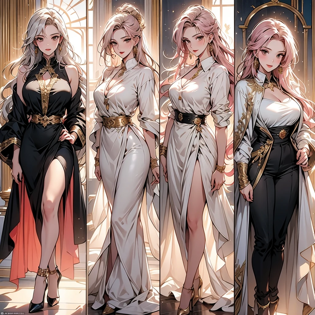 ((masterpiece, of the highest quality)), detailed face, character design sheet，Whole body、full of details, various poses and expressions, Very detailed, depth, many parts，beautiful girls，cinema lighting，The light shines，pink and gold，phoenix decoration，light thread，career，careerパンスト，High heels、big breasts, earrings, sexy. pink hair . Characters find themselves facing a large palace.