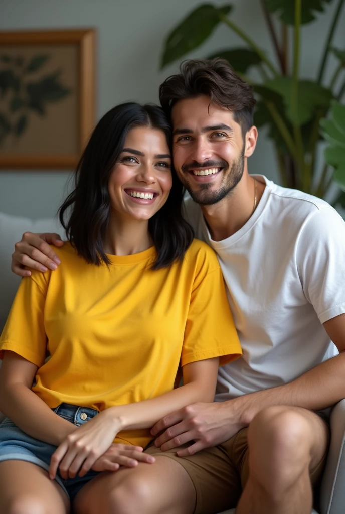 A Brazilian woman, 30 years old white, Bblack hair, sitting on the couch, wearing a yellow t-shirt and shots, with her husband wearing a white shirt, nearby faces, showing cheerful personality. 真实感