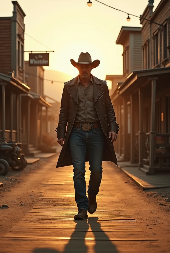 A cowboy walking through a town while whistling at dusk. The store he walks by has a sign that says, “The Whistler”