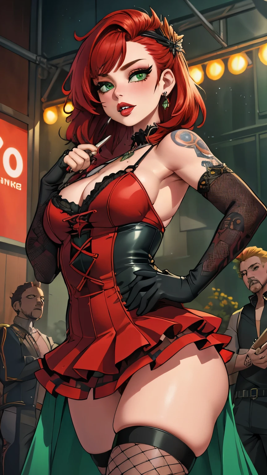 (extremely detailed CG unity 4k wallpaper),(masterpiece),(best quality),(ultra-detailed),(best illustration),(best shadow),(absurdres),(Detailed background), Red hair, Green eyes, Shoulder length hair, Pale skin, Thick thighs, Punk dress, fishnet stockings, red lipstick, black eyeshadow, Concert, singer, performer, celebrity, 