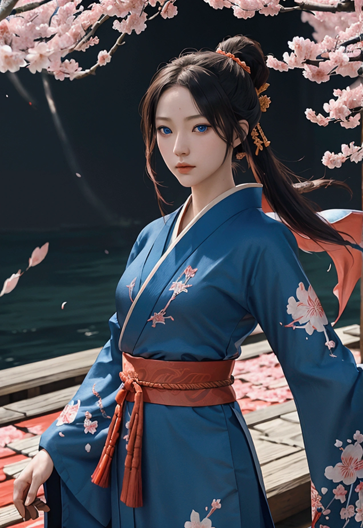 The bravest and most noble dragon warrior, Blue eyes, Incredibly detailed Japanese robe,Comes with a sashimi battle flag., cherry blossoms fluttering in the wind, The perfect masterpiece, high quality, a high resolution, Orange colors