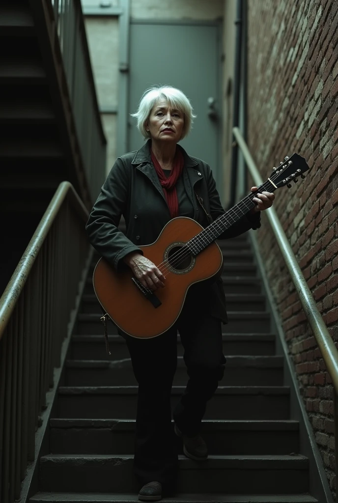 Woman with short white hair climbing stairs with guitar
