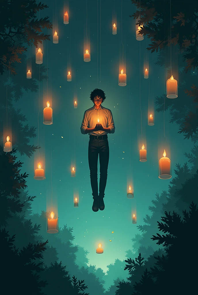 Large and small floating candles of different colors in a forest sky with a black-haired, green-eyed man floating in the sky holding a candle