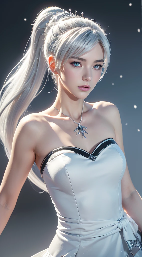 weiss schnee (\rwby\), silver hair, 1 girl, best quality, high-detailed, masterpiece, high definition, Sharp: 1.2, Perfect body beauty: 1.4, Slim abs: 1.2, ((Layered Hair Style,)), Highly detailed face and skin texture, Detailed eyes, Double eyelids, Looking at the camera, pale blue eyes, long hair, off-center ponytail, ice background, perfect lighting,(bright), hyperrealism, rwby, rapier in hand, silver icicle-shaped tiara, thigh-length strapless white-blue dress, pale skin