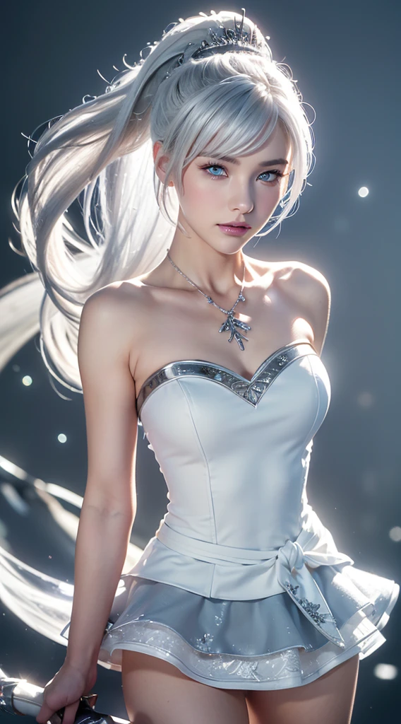 weiss schnee (\rwby\), silver hair, 1 girl, best quality, high-detailed, masterpiece, high definition, Sharp: 1.2, Perfect body beauty: 1.4, Slim abs: 1.2, ((Layered Hair Style,)), Highly detailed face and skin texture, Detailed eyes, Double eyelids, Looking at the camera, pale blue eyes, long hair, off-center ponytail, ice background, perfect lighting,(bright), hyperrealism, rwby, rapier in hand, silver icicle-shaped tiara, thigh-length strapless white-blue dress, pale skin