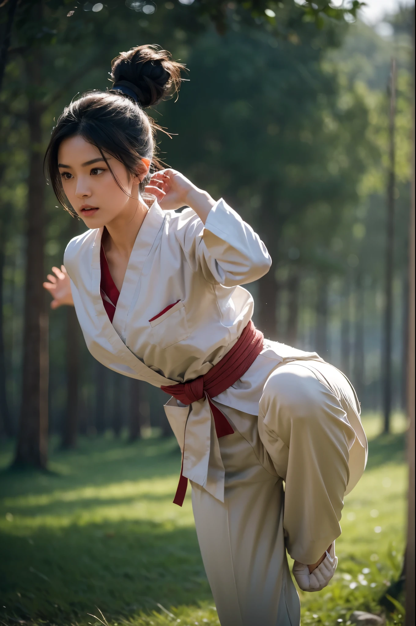 A stunning scene featuring a gorgeous Asian woman with her hair elegantly styled in a bun, dressed in a traditional karate uniform and pants. She is captured in a low angle shot as she leaps high into the air, delivering a powerful kick with perfect form. The composition follows the rule of thirds to emphasize the dynamism of her movement against the serene backdrop of a green forest. The lighting is a blend of two-tone lighting and volumetric lighting, with the Tyndall effect adding a mystical glow as sunlight filters through the trees. Her expression is one of determination, captured in a cinematic style using octane render, producing a highly detailed and epic image in 8K ultra HD resolution, reminiscent of a scene from a high-budget action film.