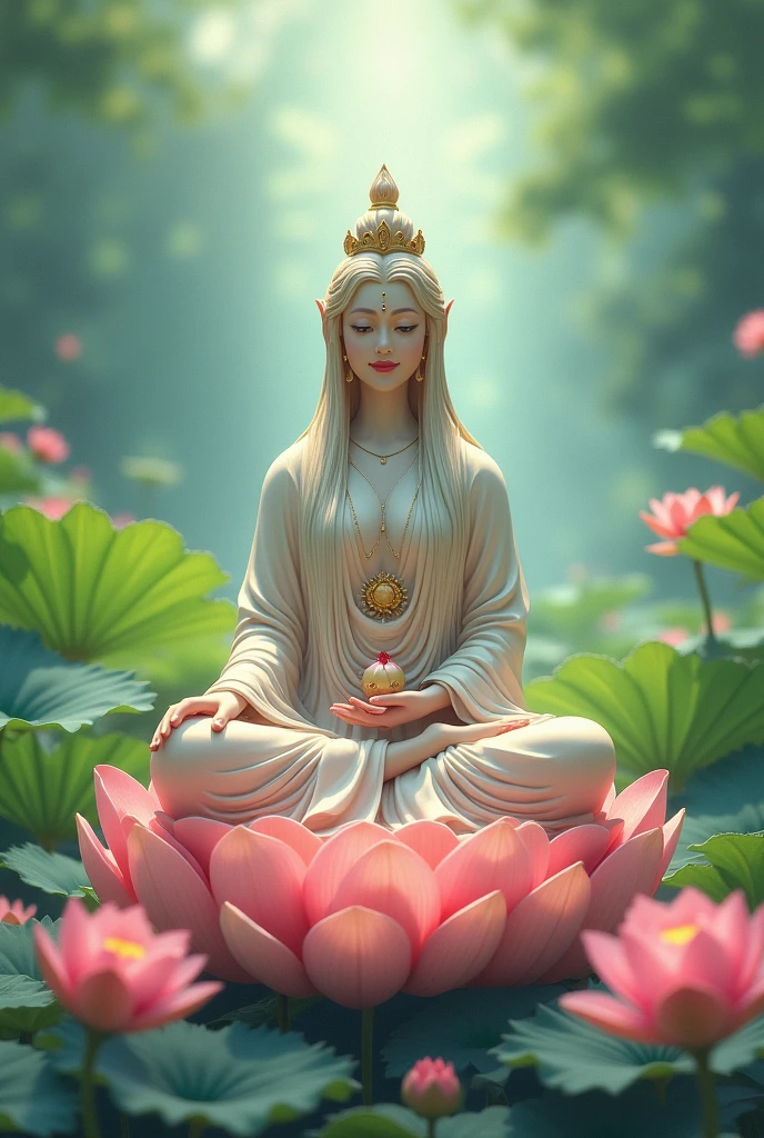 Tara :
- A serene goddess with a calming presence, often depicted with a gentle smile. She can be shown sitting on a lotus or a throne, surrounded by lotus flowers, with a soft green or blue background, symbolizing compassion and protection. In dall e-3 style