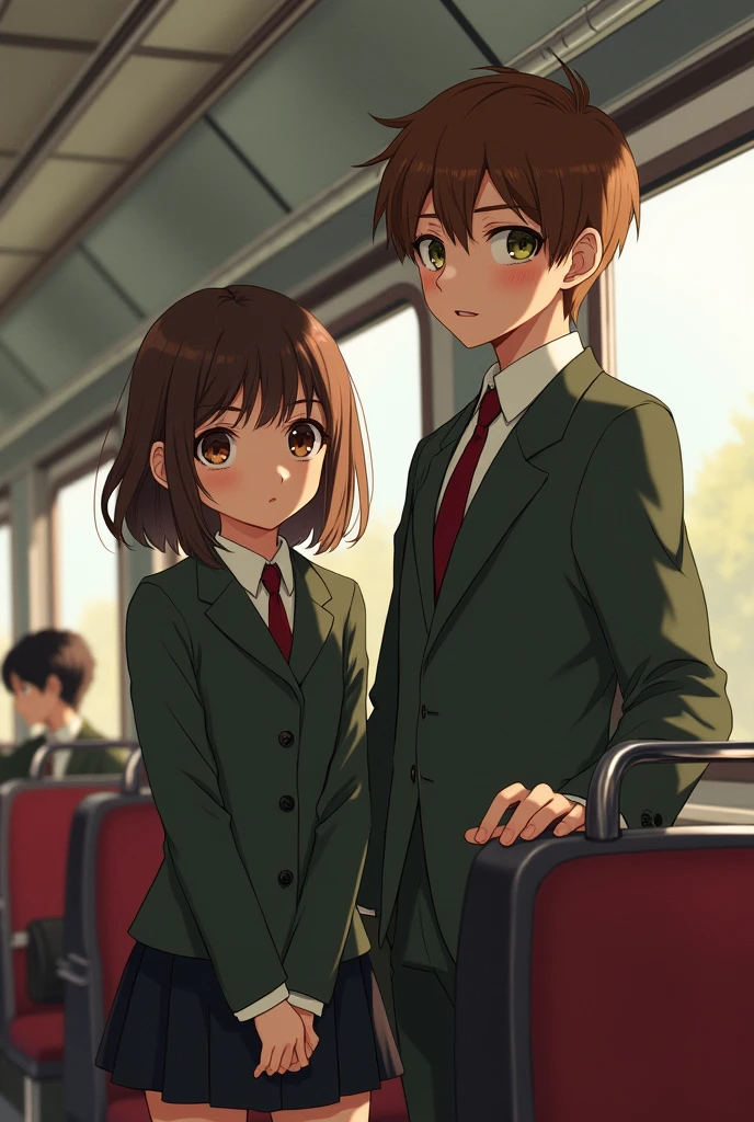 white skinned human girl, clear brown eyes, short. with a tall boy with brown hair, green eyes. on a train and in a school uniform 