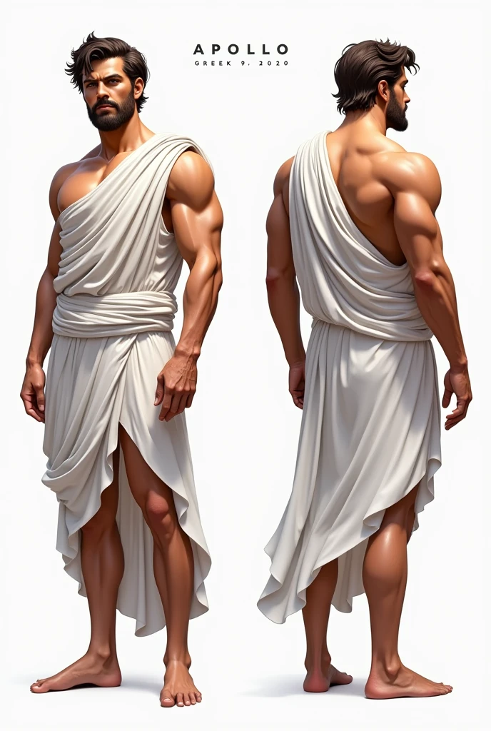 (masterpiece), ultra detailed, 3 views, character view (Front view, side view , back view), (detailed character sheet) , reference sketch of a god, God of Greek mythology, Apollo, His physical appearance is often portrayed as having a strong and muscular build., by rubio, Wearing traditional Greek white clothing, like a loose tunic or chiton, Ultra-realistic, crisp, intricate details, intricate details, and style, Simple background illustration