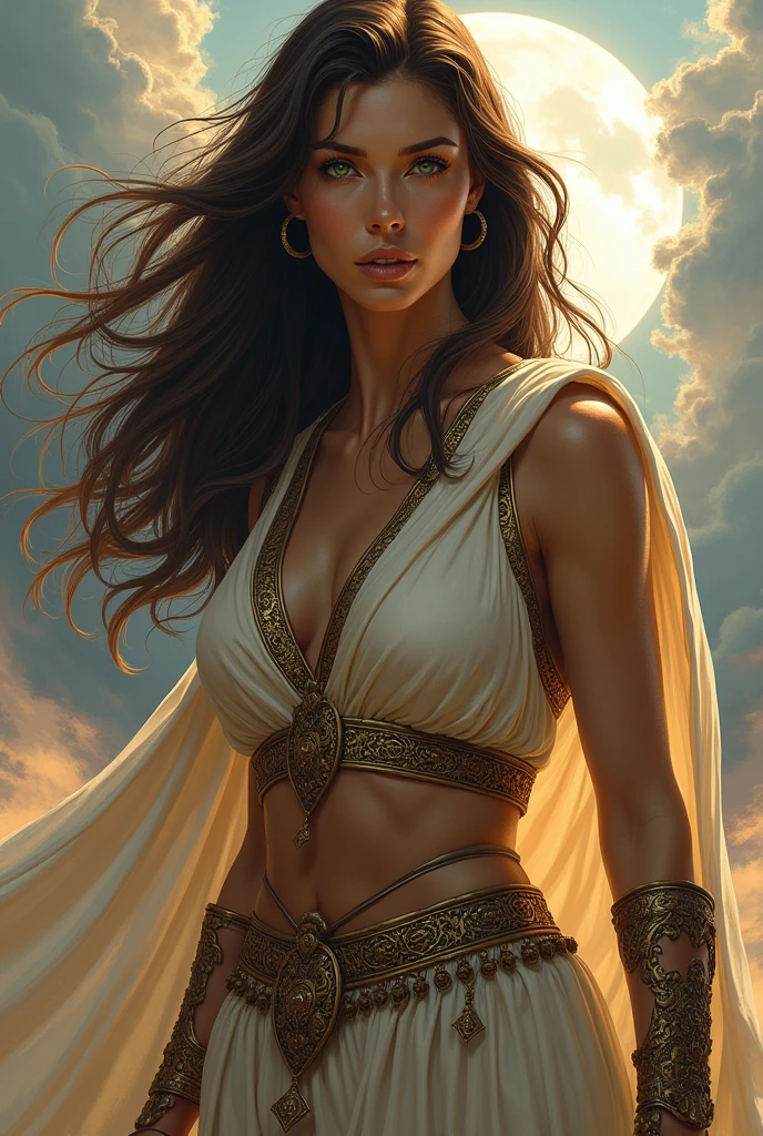 A woman with long brown hair, two color eyes (green and brown), she wears a greek goddess style outfit and is at war