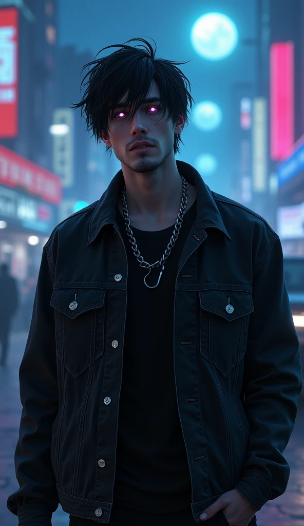 (realistic) 1 white adult male with black eyes and bright purple irises, messy black hair parted in the middle and a short beard. Serious expression. Wearing an open black denim jacket, a black shirt underneath and a silver chain around his neck. Walking in a futuristic city at night with heavy fog and blue moonlight.