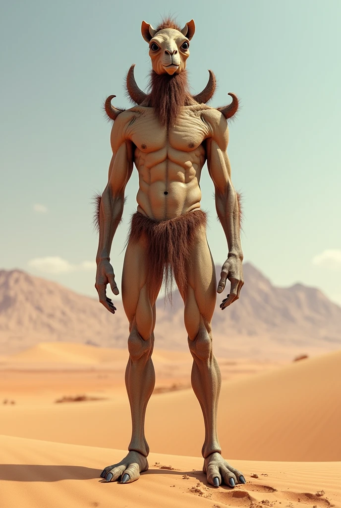 Man in the desert, with two camel legs and three humps on the back