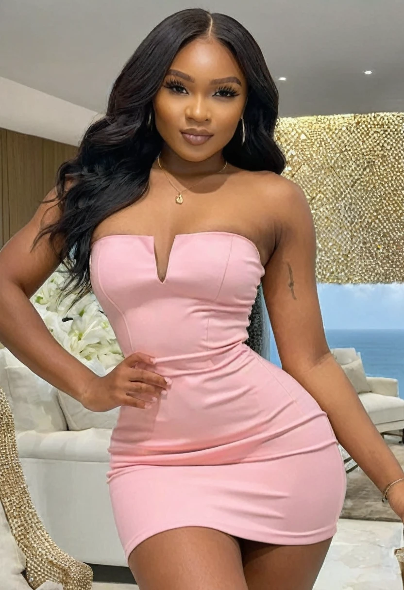 ((high quality:1.2)), work of art, (8k), extremely detailed, ((High detail:1.2)), ((best resolution:1.4)), Solo, ((HoLexi)), 24 years old Angolan young female, (tight short dress strapless), ((medium shot photo:1.35)),