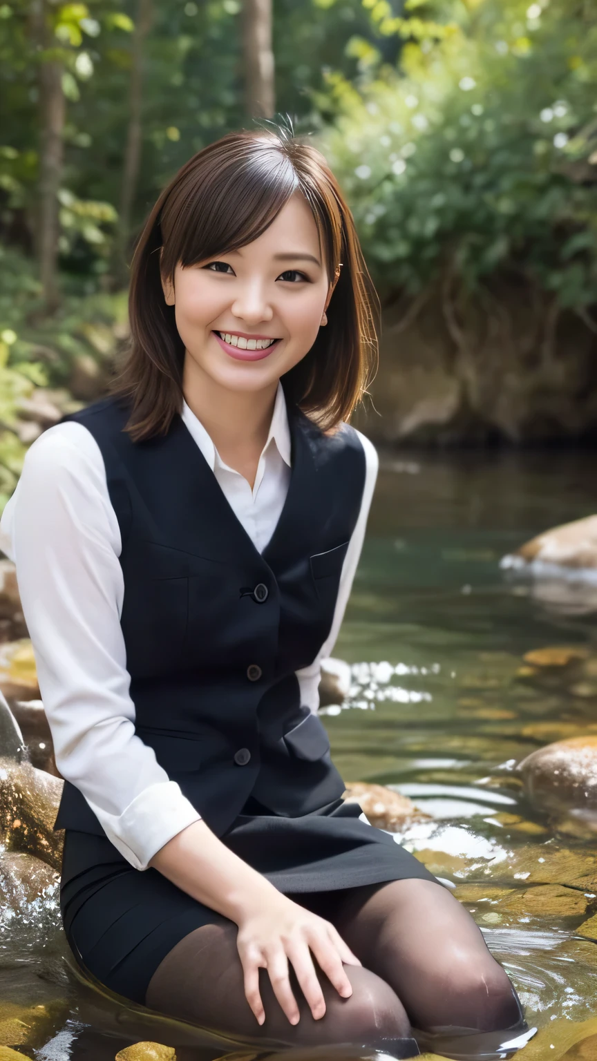 Highest quality、8k、masterpiece、Ultra-high resolution、Clear photos、Professional Lighting、Natural light、Realistic,、Highly detailed skin、Perfect Anatomy、One Woman、Age 25、Baby Face:1.8、Large Breasts、Glamour、Brown Hair、Beautiful Hair、smile、((office lady))、((Black vest:1.2))、((Black tight mini skirt:1.2))、((Perfect Pantyhose:1.2))、((Black Pantyhose))、blue sky、in the forest、In the mountain stream、(((sitting in water)))、Attractive pose