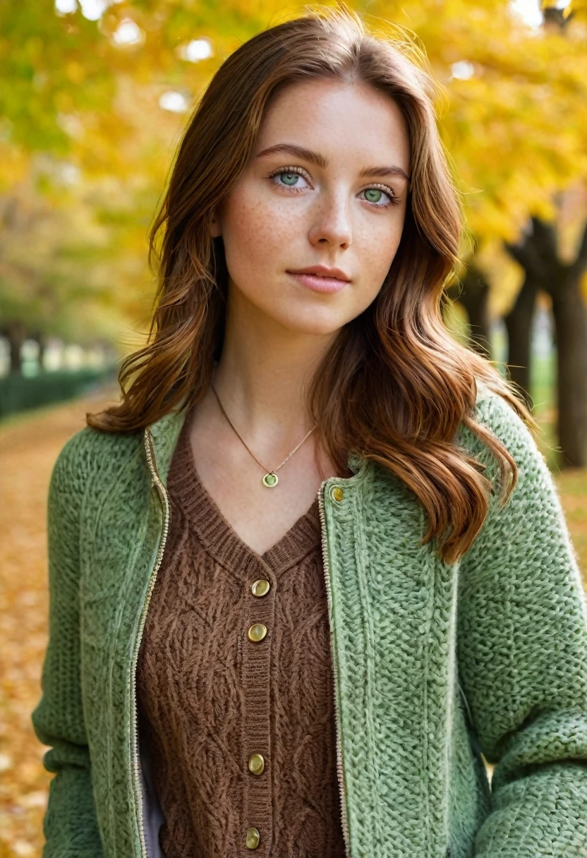 A beautiful 24-year-old woman with chestnut brown hair and green eyes is walking through a tree-lined park during autumn. Dressed in a cozy knit sweater, fitted jeans, and her light leather jacket, she looks radiant against the backdrop of golden leaves. Her fair, freckled complexion is highlighted by the crisp fall air, and she wears her signature silver necklace as she enjoys the peaceful scenery."