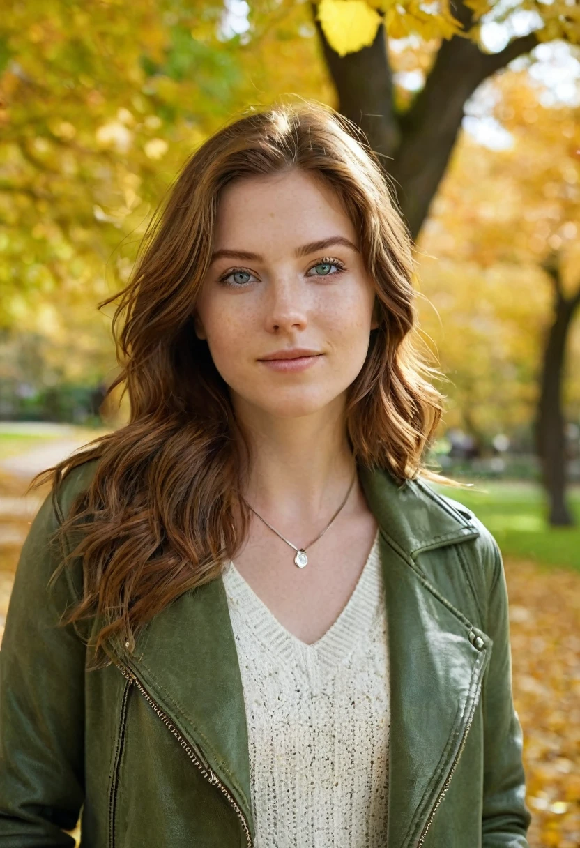 A beautiful 24-year-old woman with chestnut brown hair and green eyes is walking through a tree-lined park during autumn. Dressed in a cozy knit sweater, fitted jeans, and her light leather jacket, she looks radiant against the backdrop of golden leaves. Her fair, freckled complexion is highlighted by the crisp fall air, and she wears her signature silver necklace as she enjoys the peaceful scenery."