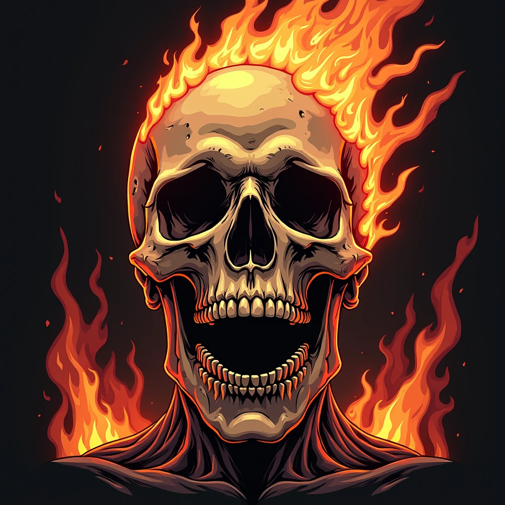 a close up of a skull with flames on it's face, flaming skull, fiery skull contemplating life, skull design for a rock band, flame, flaming grim reaper, heavy metal art style, ghost rider, heavy metal tshirt design, skull like, flames in the background, profile pic, vaporwave phone wallpaper