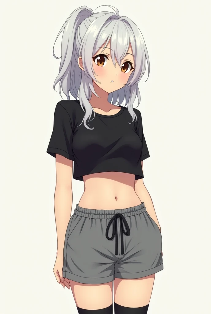 Anime girl: 1girl, medium breasts, middle aged , high knee sock, nonchalant expression, messy white silky hair, tiny eyes, black crop top, grey shorts, short hair with ponytail, whole body from head to toe view,