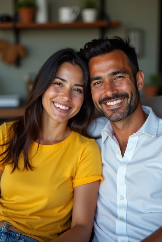 A Brazilian woman, 30 years old white, Bblack hair, sitting on the couch, wearing a yellow t-shirt and shots, with her husband wearing a white shirt, nearby faces, showing cheerful personality. 真实感