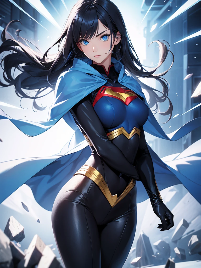 Hot girl, white air, blue eyes, black super hero clothes like superman, blue glove, blue cape