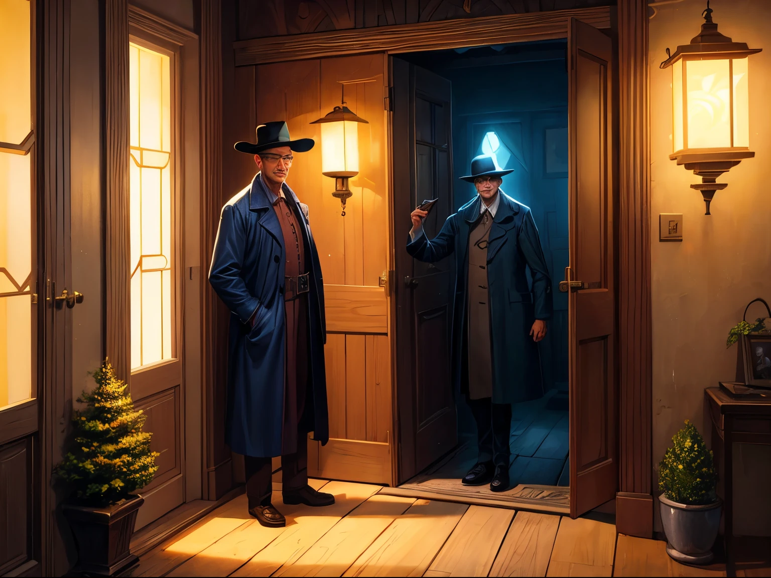 a man in a hat and coat standing in a doorway with a light shining through it and a lantern hanging above, Evgeny Lushpin, pj crook, an oil painting, precisionism, render