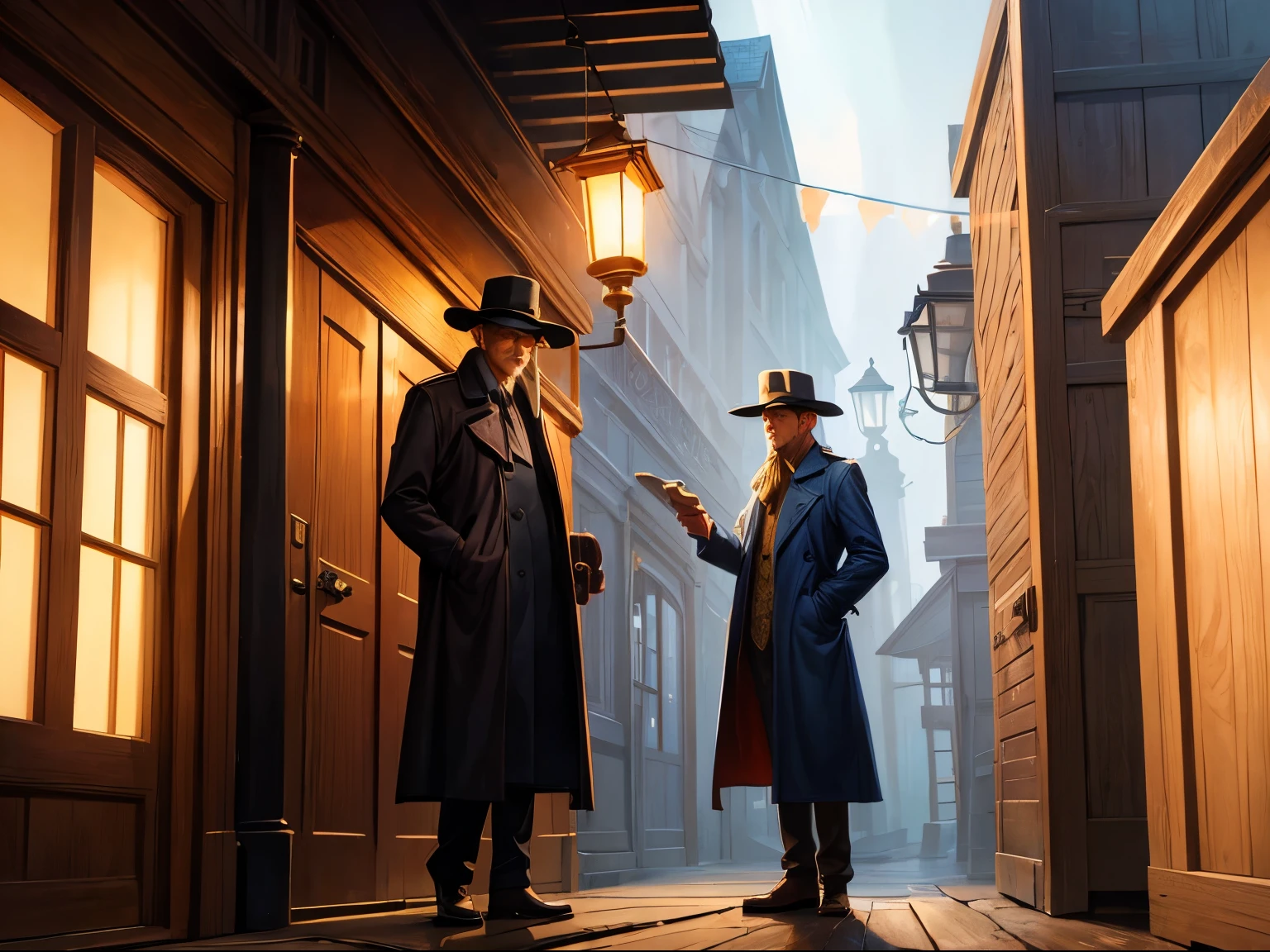 a man in a hat and coat standing in a doorway with a light shining through it and a lantern hanging above, Evgeny Lushpin, pj crook, an oil painting, precisionism, render